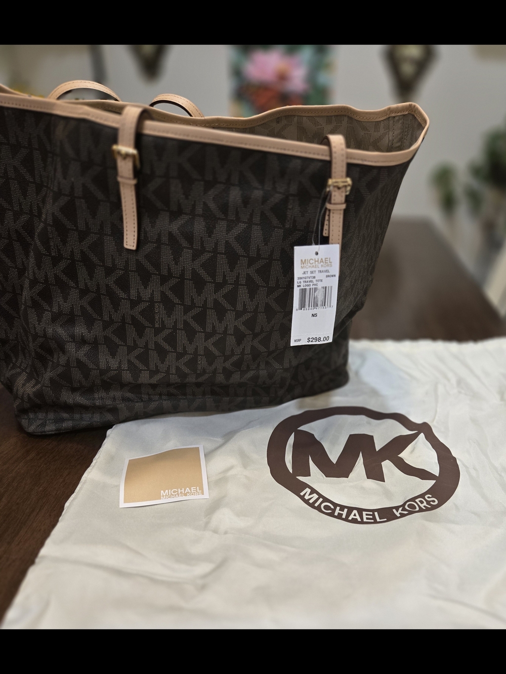 Michael Kors Brown MK Logo Large Tote with Tan Trim-NWT